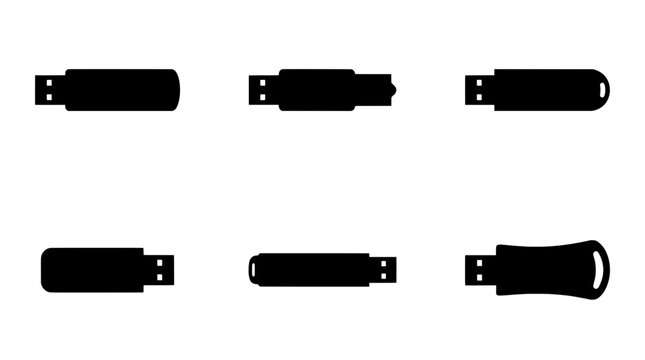 USB flash drive vector icon set, black silhouette memory stick collection for tech