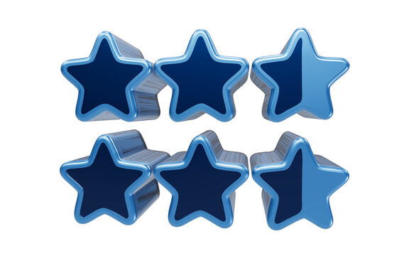 A graphic representation of five full blue stars and one half-filled blue star, symbolizing a rating or scoring system in a visually appealing, 3D render. 3D Icon