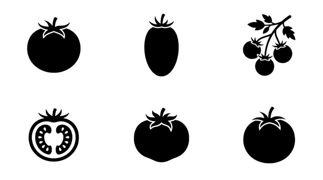 Minimalist tomato icon set, black vector vegetable silhouettes, fresh produce graphics