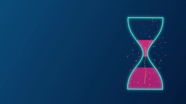 Digital hourglass animation with neon outline and falling colorful sand particles glowing against dark blue video background