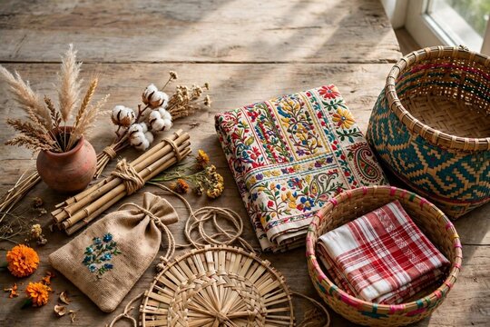 Traditional Bengali handicrafts flat lay with embroidered nakshi kantha bamboo baskets and jute bags