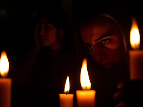 Candlelight casting eerie shadows on faces in darkness, black background, shadowy figures