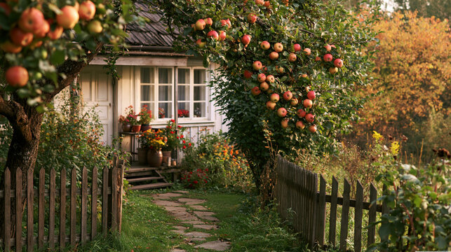 a serene garden scene. A rustic cottage with a white door and windows is the main subject. The cottage is surrounded by lush greenery, including an apple tree laden with ripe, red apples.
