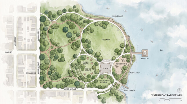 Urban waterfront park design illustrating a comprehensive master plan for community development, green infrastructure, and public recreational spaces in a city environment