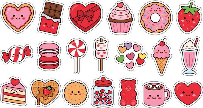 Kawaii Valentine's Day sweets and desserts sticker collection with cute faces for celebrations and planners