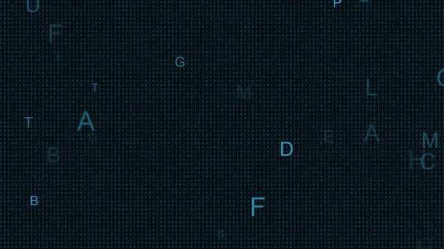 Digital binary code stream animation background with glowing blue letters floating across dark cyberspace video footage
