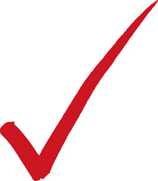 Red hand-drawn check mark or tick symbol with a rough, textured, crayon-like appearance, isolated on a clean white background, for use isolated on a transparent background