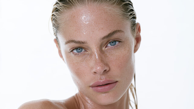 Woman with wet blonde hair and dewy skin presenting a refreshing and healthy appearance, conveying themes of natural beauty, cleanliness, and skincare