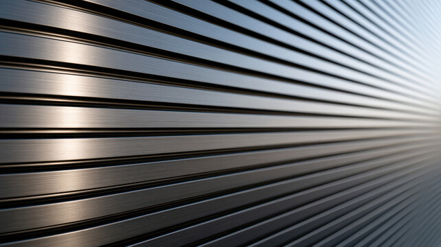 Metallic striped surface reflecting light creating a pattern of lines, symbolizing modern technology, innovation, progress, speed, and future business development concepts