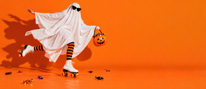 Sheet ghost in sunglasses roller skating with a jack o lantern candy bucket, sweets scattered on the floor. Funny Halloween trick or treat in a studio shot