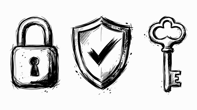 Hand drawn sketch of a padlock, a shield with a checkmark, and an old key isolated on white background