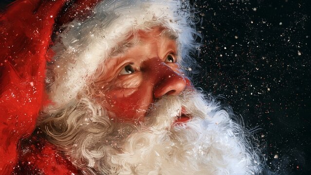 Santa Claus holds a gift box amidst a gentle overlay of falling snowflakes; soft lighting accentuates the textures of his beard and suit.