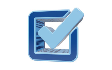 3D Check Mark in a Box: A clean, modern 3D rendering of a blue check mark inside a square frame, symbolizing completion, confirmation, or a task done. © rashedhossain