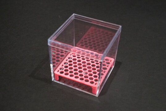 A small transparent acrylic box with a red perforated hexagonal insert, known as corm-riser for growing Alocasia corms above shallow water