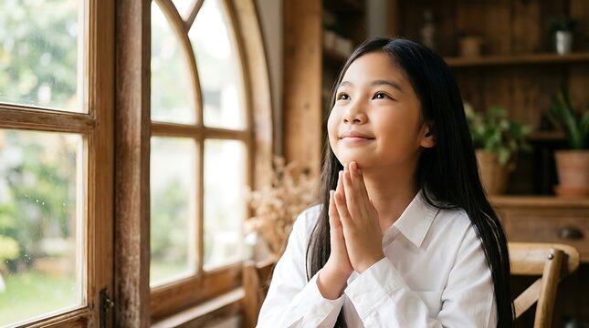 Young Asian girl praying with clasped hands by a window with natural light