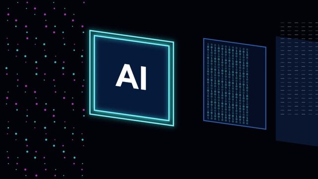 Artificial intelligence glowing text and binary code digital motion graphic video clip background featuring futuristic neon elements