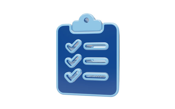 Checklist Icon with Checkmarks: A 3D illustration of a blue clipboard with a checklist featuring several completed tasks, indicated by prominent checkmarks.