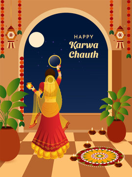 Karwa Chauth Indian festival celebration Poster, Banner or greeting card design with Karwa mata Vector Illustration.