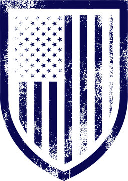 Dark blue grunge shield emblem featuring the united states flag pattern with a distressed weathered texture isolated on a white background isolated on a transparent background