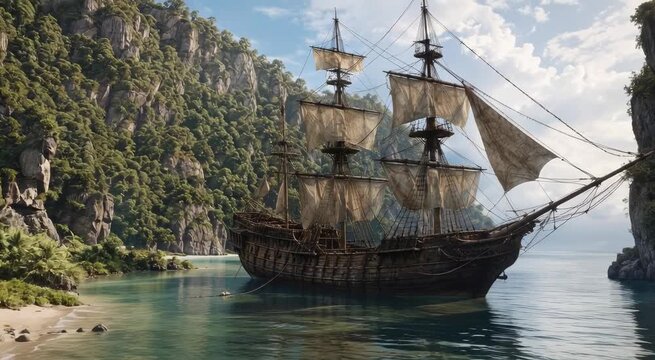 Three-masted wooden sailing ship anchored in a tropical jungle cove with a small rowboat and limestone cliffs