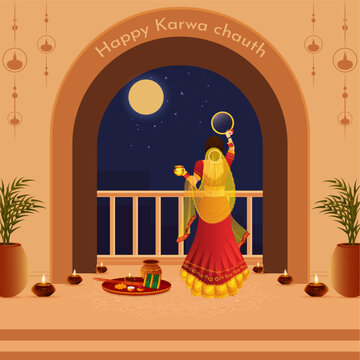 Karwa Chauth Indian festival celebration Poster, Banner or greeting card design with Karwa mata Vector Illustration.