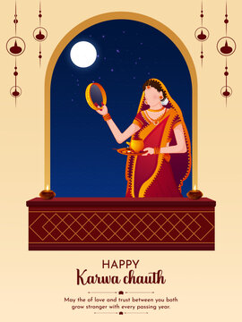 Karwa Chauth Married women Indian festival celebration Poster, Banner or greeting card design Vector Illustration.