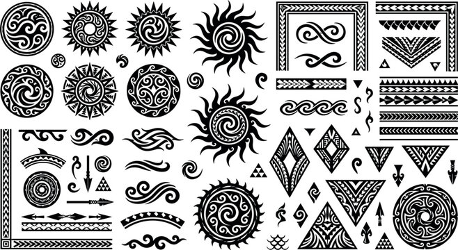 Black Silhouette Polynesian Tribal Tattoo Pattern Vector Element Set with Maori Sun Circles, Ocean Waves, Geometric Borders, and Triangle Badges for Cultural Branding