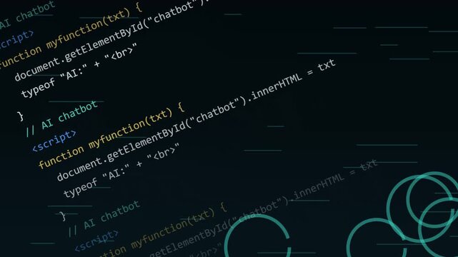 Programming code scrolling down on computer screen in futuristic digital software development motion video clip