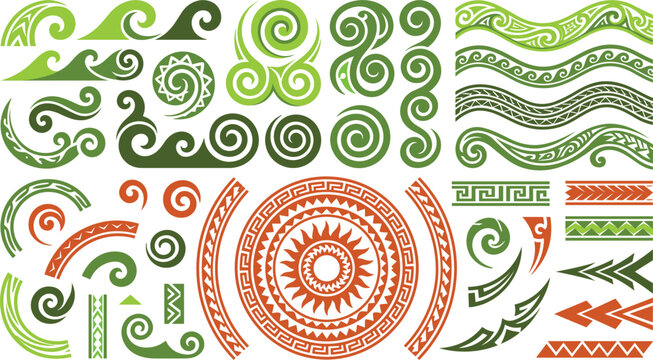 Maori Koru Spiral Vector Ornament Set with Green Ocean Waves and Orange Tribal Sun Circles for Polynesian Cultural Patterns, Framing, and Backgrounds