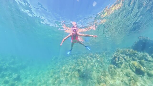 Woman snorkeling in anse Figuier beach, Riviere-Pilote, Martinique, Caribbean of France