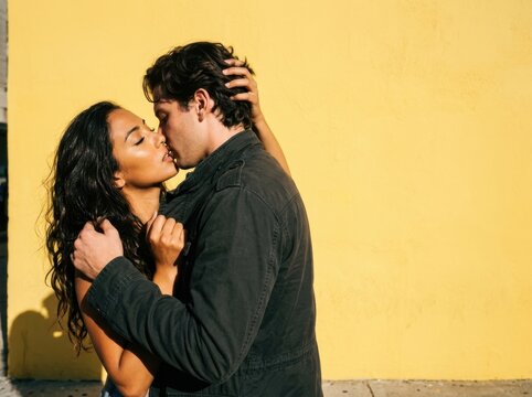 Romantic couple kissing in sunlight against a yellow wall