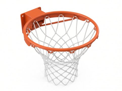 Orange basketball hoop with white nylon net isolated on white background, capturing professional sports equipment for athletic marketing design and basketball tournament posters.