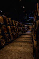 Naklejka premium Interior of traditional wine cellar in Porto Portugal with rows of wooden barrels used for aging port wine. Atmospheric underground storage with perspective view and warm low lighting.