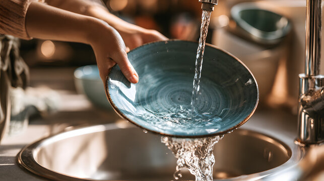 A person rinse a blue ceramic plate with running water in a bright modern kitchen sink during daily housework chores routine, close up detail shot showing water splash and clean tableware household ta