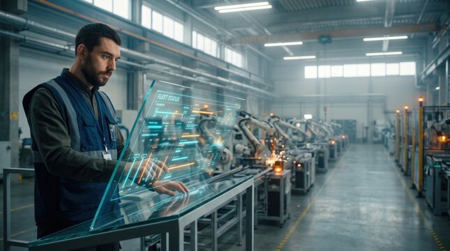 Factory engineer adjusting a digital holographic console for fleet status monitoring in a smart warehouse, featuring industrial automation and technology for modern supply chain management.