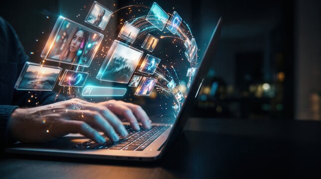 Hands typing on laptop with holographic images and search bar interface for digital content creation, featuring AI technology and social media marketing concept for tech publications.