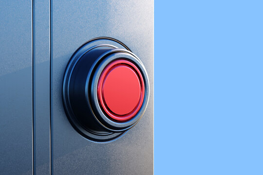 Industrial safety, red emergency stop button provides rapid machine shutdown for equipment protection and workplace accident prevention, 3D image.