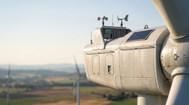 Wind turbine nacelle close up featuring weather sensors and solar panel, capturing clean energy technology and sustainable power generation for renewable energy industry marketing.