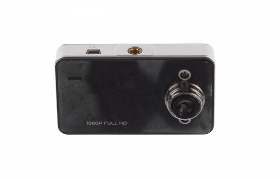 Black compact digital camera isolated on a white background.
