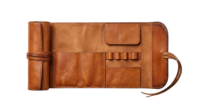 Vintage brown leather tool roll organizer, handcrafted tan leather pouch for pens and stationery, rustic leather wrap case with pockets