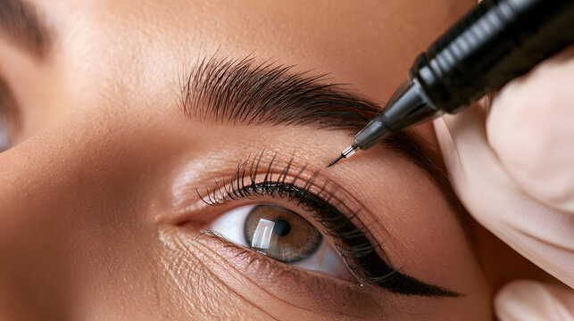 Permanent eyeliner tattoo application on lash line, closeup shot of professional cosmetic procedure for enhanced eyes and definition in salon environment, beauty treatment concept for modern woman