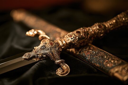 Ornate ceremonial dagger with jeweled scabbard on dark velvet &acirc;&euro;&ldquo; intricate metalwork and gemstone details