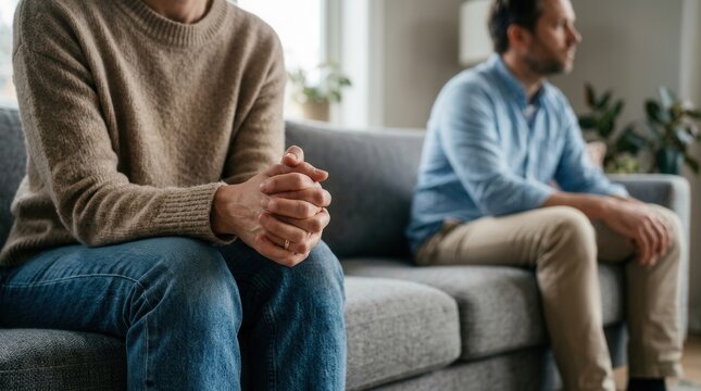 Husband and wife sitting separate in the living room reflecting tension in relationship and family problem concept after a quarrel.