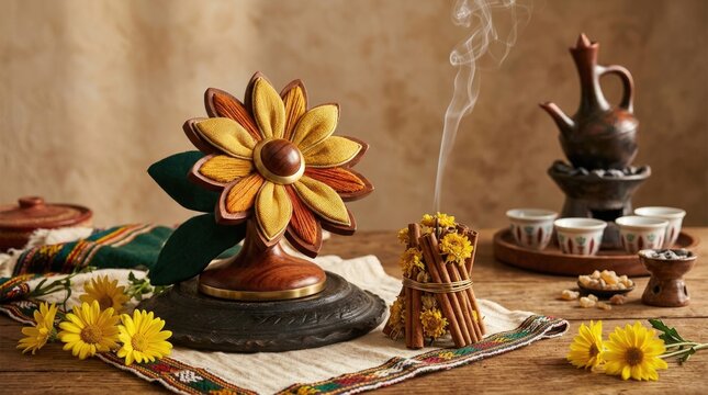 Meskel festival yellow flower wooden sculpture, demonstrating burning incense smoke near miniature bonfire stick bundle, traditional ethiopian coffee ceremony setting, cultural celebration table.