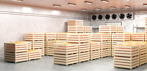 Fototapeta na wymiar Cold warehouse, wooden crates with apples are stored in a refrigerated room for fresh produce preservation, food logistics and storage, 3D image.