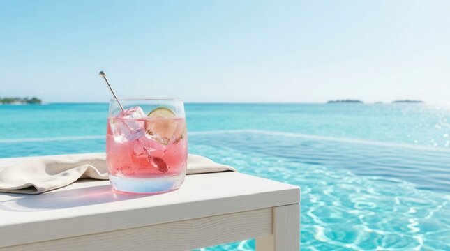Pink drink with ice by an infinity pool with turquoise water under a clear sky.