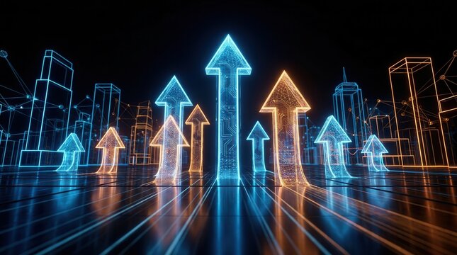 Glowing arrows rise through a digital network, symbolizing innovation and progress in a futuristic tech landscape.