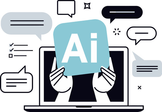 Conceptual illustration of artificial intelligence technology featuring a person holding an Ai icon emerging from a laptop screen surrounded by various communication speech bubbles and checklist ico