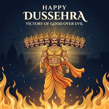 Happy Dussehra celebration poster showing Ravana with multi-headed