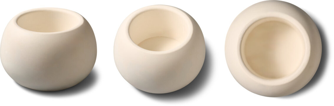 white spherical ceramic pots isolated white background, blank clay bowls shown from different angles, mock-up template